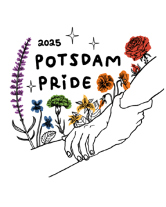 Image of two hands and six flowers in rainbow colors