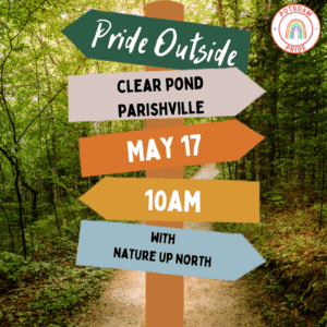 Pride Outside event graphic featuring a trail sign with event information