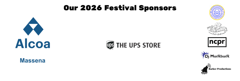 Sponsor banner featuring Alcoa Massena, UPS Store, Jernabi, McDuffs NCPR Barker Productions, DJ Murrburr