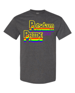 gray tshirt with words potsdam pride 2026 in yellow lettering and rainbow lines underneath
